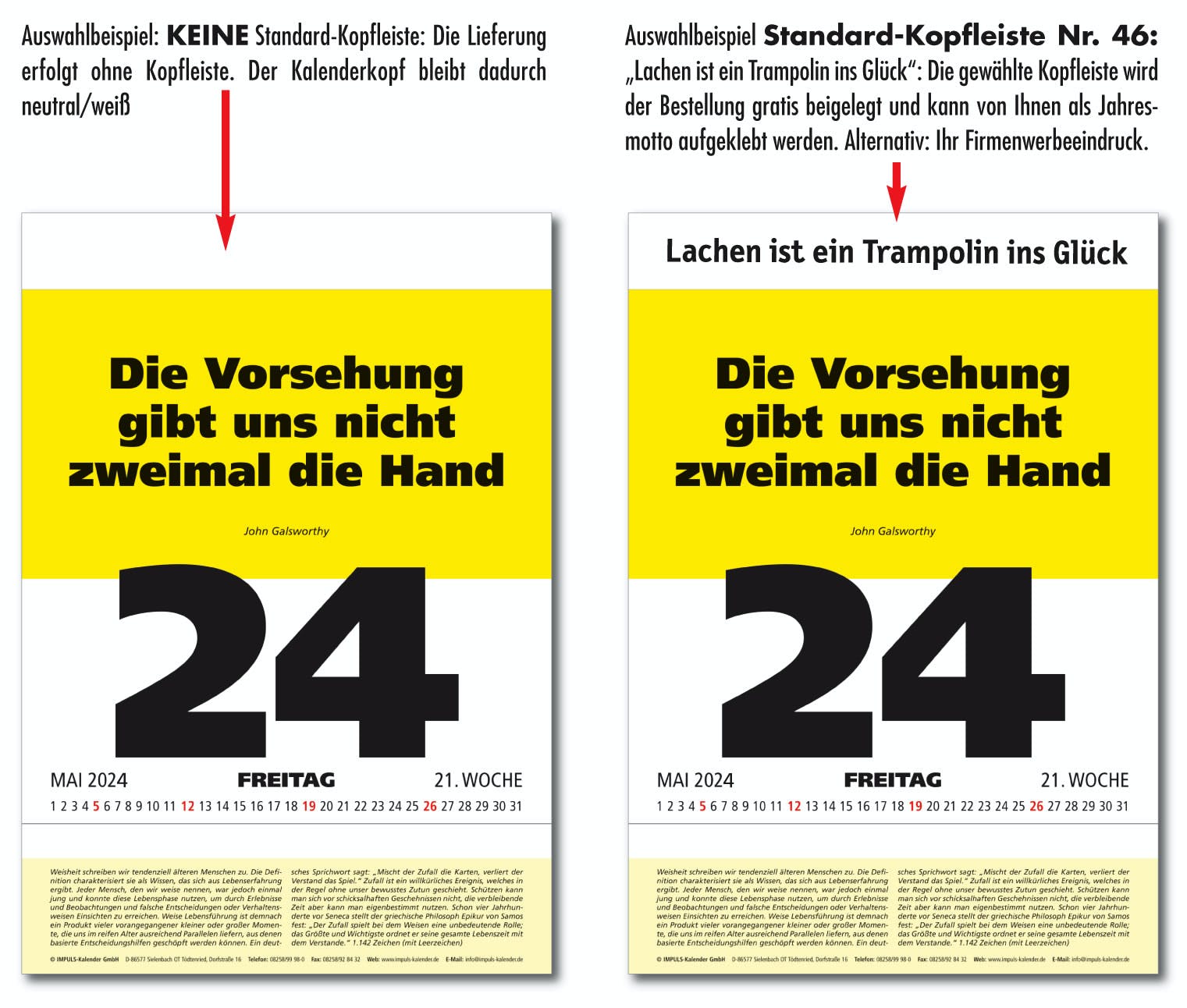 Impuls Kalender Standard-Kopfleisten bestellen - kostenlos Impuls Kalender Standard-Kopfleisten bestellen - kostenlos